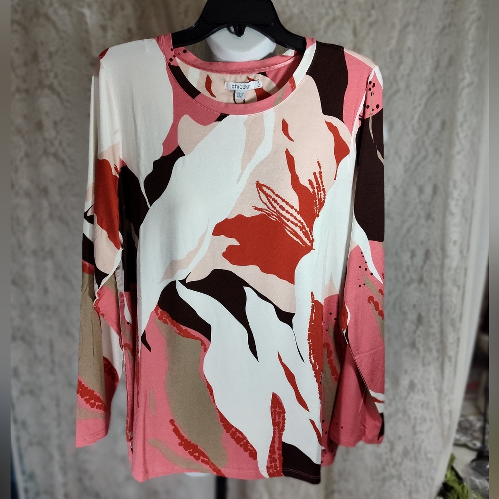 Chico's Long Sleeve Abstract Top - Pink, Brown, and White